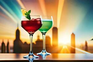 twee bril van cocktails met zonsondergang in de achtergrond. ai-gegenereerd foto