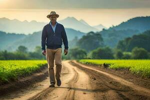 een Mens in een hoed wandelingen naar beneden een aarde weg. ai-gegenereerd foto