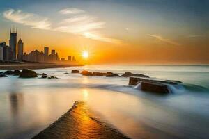 de zon stijgt over- de stad horizon in dubai. ai-gegenereerd foto