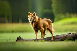 een leeuw staand Aan een log in een veld. ai-gegenereerd foto