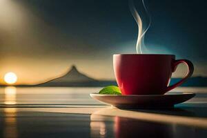 een kop van koffie Aan een tafel met een visie van de zonsondergang. ai-gegenereerd foto