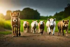 een groep van paarden wandelen naar beneden een aarde weg. ai-gegenereerd foto