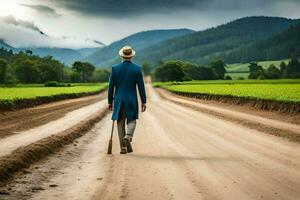 een Mens in een blauw pak wandelingen naar beneden een aarde weg. ai-gegenereerd foto