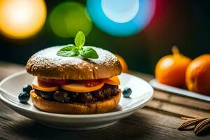 een Hamburger met fruit en kaas Aan een bord. ai-gegenereerd foto