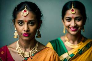 twee Dames in traditioneel sari's poseren voor de camera. ai-gegenereerd foto