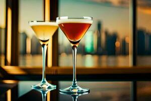 twee bril van cocktails Aan een tafel met een stad visie. ai-gegenereerd foto