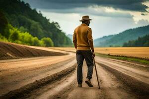 een Mens wandelen Aan een aarde weg met een riet. ai-gegenereerd foto