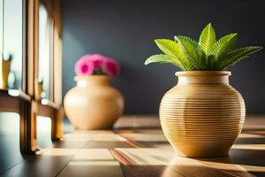 twee vazen met bloemen Aan een houten vloer. ai-gegenereerd foto