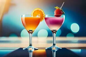 twee bril van cocktails met fruit en oranje plakjes. ai-gegenereerd foto
