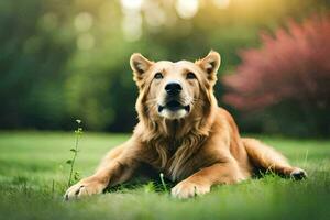 een gouden retriever houdende in de gras. ai-gegenereerd foto