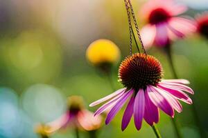 een Purper bloem met een vlinder hangende van het. ai-gegenereerd foto