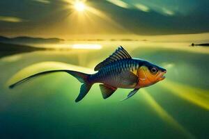 een vis zwemmen in de water Bij zonsondergang. ai-gegenereerd foto