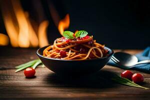 spaghetti met tomaat saus en kers tomaten in een schaal. ai-gegenereerd foto
