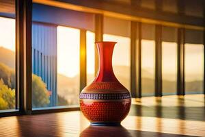 een rood vaas zittend Aan een houten verdieping in voorkant van een groot venster. ai-gegenereerd foto