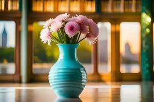 een blauw vaas met roze bloemen zittend Aan een tafel. ai-gegenereerd foto