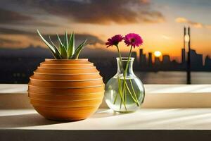 een vaas met bloemen en een stadsgezicht Bij zonsondergang. ai-gegenereerd foto