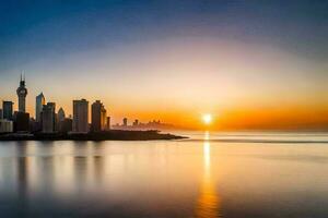 de zon stijgt over- de stad horizon in deze foto. ai-gegenereerd foto