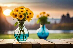 zonnebloemen in een vaas Aan een houten tafel. ai-gegenereerd foto