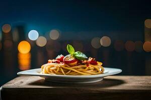 spaghetti met tomaat en basilicum Aan een bord. ai-gegenereerd foto