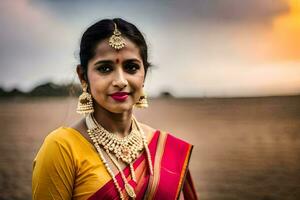 een mooi Indisch vrouw in een rood sari. ai-gegenereerd foto