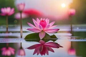 roze lotus bloem in de water met de zon instelling achter het. ai-gegenereerd foto