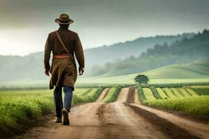 een Mens in een cowboy hoed wandelen naar beneden een aarde weg. ai-gegenereerd foto