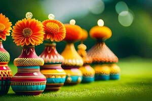 kleurrijk vazen met bloemen in de gras. ai-gegenereerd foto