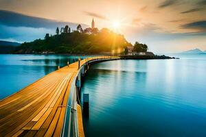 de zon stijgt over- de water en een houten pier. ai-gegenereerd foto