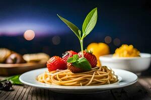 spaghetti met aardbeien en basilicum Aan een bord. ai-gegenereerd foto