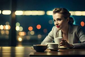 een vrouw is zittend Bij een tafel met een kop van koffie. ai-gegenereerd foto