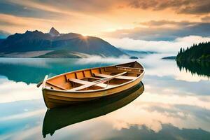 een boot Aan de meer. ai-gegenereerd foto