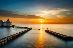 de zon sets over- een pier en een vuurtoren. ai-gegenereerd foto