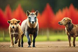 drie paarden zijn wandelen in voorkant van rood bomen. ai-gegenereerd foto