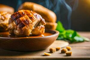 kip borst met jus en brood Aan een houten tafel. ai-gegenereerd foto