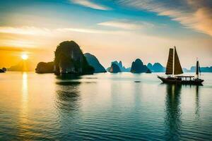 een boot in de water Bij zonsondergang met bergen in de achtergrond. ai-gegenereerd foto