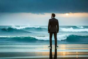 een Mens in een pak staat Aan de strand op zoek Bij de oceaan. ai-gegenereerd foto