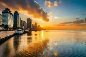 de zon sets over- de stad horizon in doha. ai-gegenereerd foto
