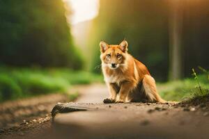 een hond zittend Aan de weg in de midden- van een Woud. ai-gegenereerd foto