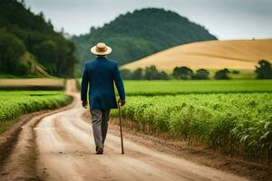 een Mens in een blauw pak en hoed wandelingen naar beneden een aarde weg. ai-gegenereerd foto