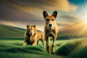 twee honden wandelen in de gras. ai-gegenereerd foto