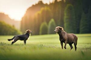 twee paarden zijn staand in een veld- met bomen in de achtergrond. ai-gegenereerd foto