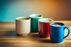 vier kleurrijk koffie cups Aan een houten tafel. ai-gegenereerd foto