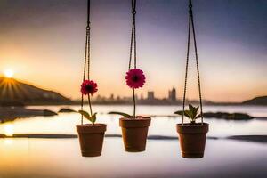 drie bloem potten hangende van een touw over- een lichaam van water. ai-gegenereerd foto