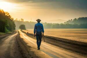 een Mens wandelen naar beneden een aarde weg Bij zonsondergang. ai-gegenereerd foto