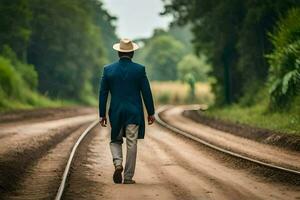 een Mens in een pak en hoed wandelingen naar beneden een trein spoor. ai-gegenereerd foto