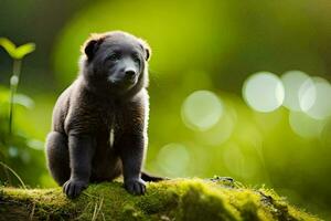 een puppy is zittend Aan top van een mos gedekt steen. ai-gegenereerd foto