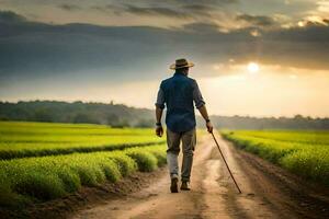 een Mens wandelen in een veld- met riet. ai-gegenereerd foto