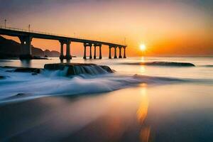 de zon sets over- de oceaan en een brug. ai-gegenereerd foto