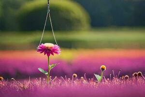 een Purper bloem hangende van een keten in een veld. ai-gegenereerd foto