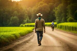 een Mens wandelen naar beneden een aarde weg met een hoed Aan. ai-gegenereerd foto